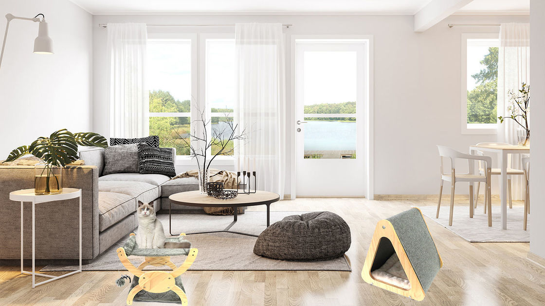 CARB Wooden Cat Friendly Furniture Tempat Tidur Rumah Kucing Lipat Untuk Menggaruk Gua Merasa