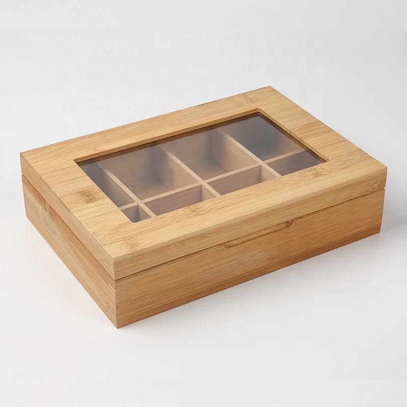8 Kompartemen Kotak Penyimpanan Kayu Berengsel Bambu Teh Kotak Penyimpanan Organizer