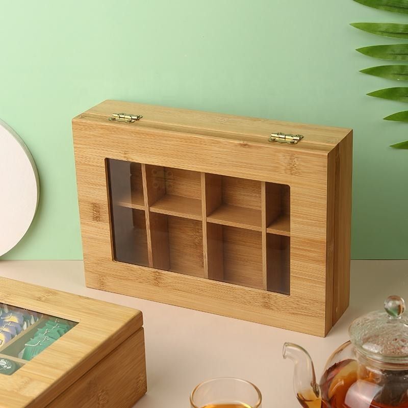 8 Kompartemen Kotak Penyimpanan Kayu Berengsel Bambu Teh Kotak Penyimpanan Organizer
